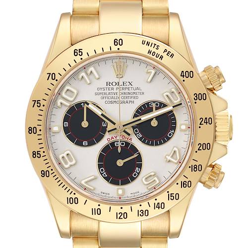 The Rolex Daytona 116528 Men's Yellow Gold Silver Dial watch is shown from the front, highlighting the dial, bezel, crown, and chronograph subdials.