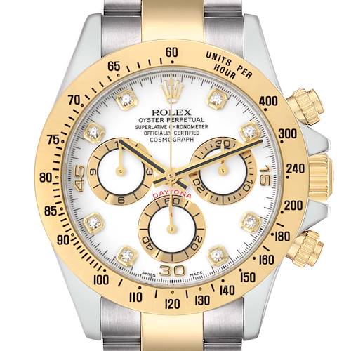 The Rolex Daytona 116523 Men's Steel and Gold (two tone) White Dial watch is shown from a top-down angle, highlighting its face, bezel, and part of the bracelet.
