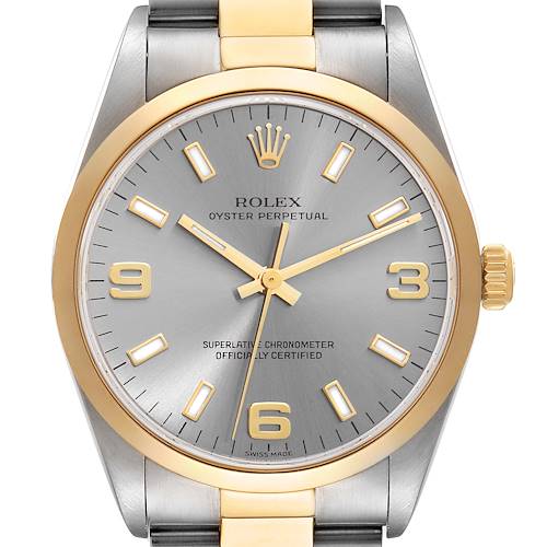 This image shows the front view of a Rolex Oyster Perpetual 14203 Men's Steel and Gold (two tone) Grey Dial 14203 Men's Steel and Gold (two tone) Grey Dial watch, highlighting the dial, hands, and crown.