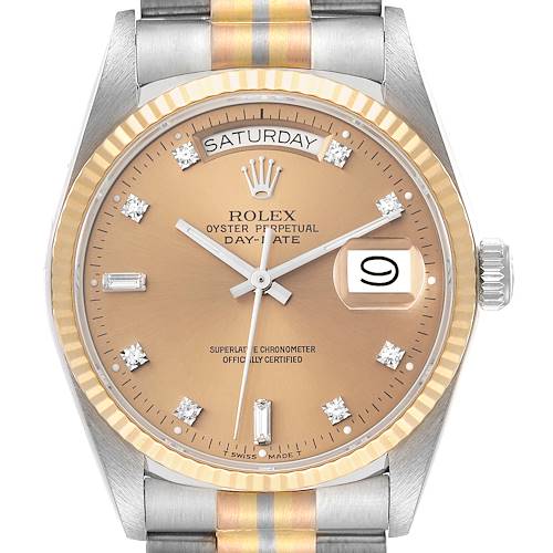 The image shows a close-up of the face of a Rolex President 18039 Men's White Gold Champagne Dial 18039 Men's White Gold Champagne Dial model watch, highlighting the dial, day, date, and bezel.