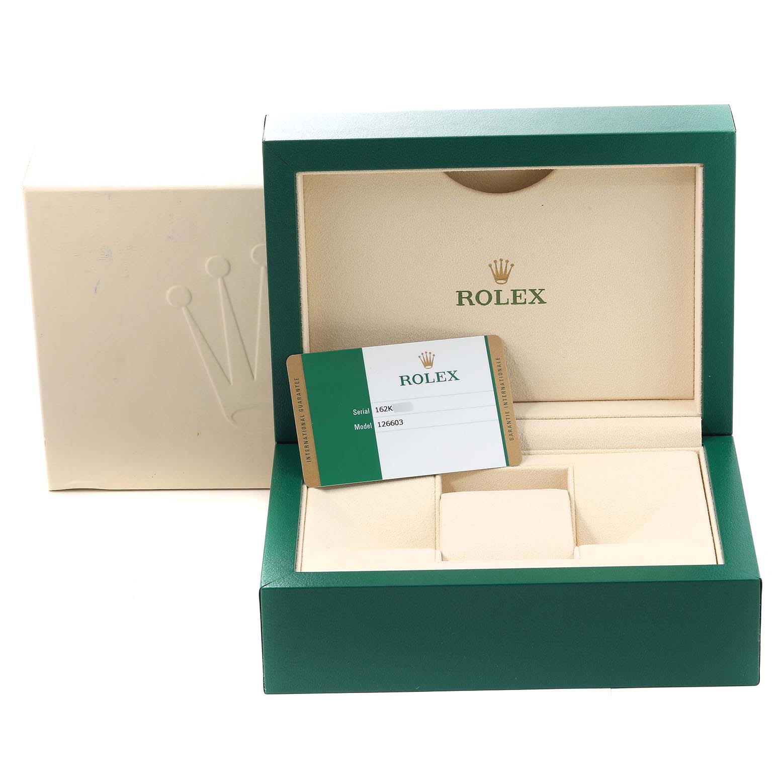 The image shows the green box, inner packaging, and authenticity card for the Rolex Sea-Dweller 126603 Men's Steel and Gold (two tone) Black Dial 126603 Men's Steel and Gold (two tone) Black Dial model.