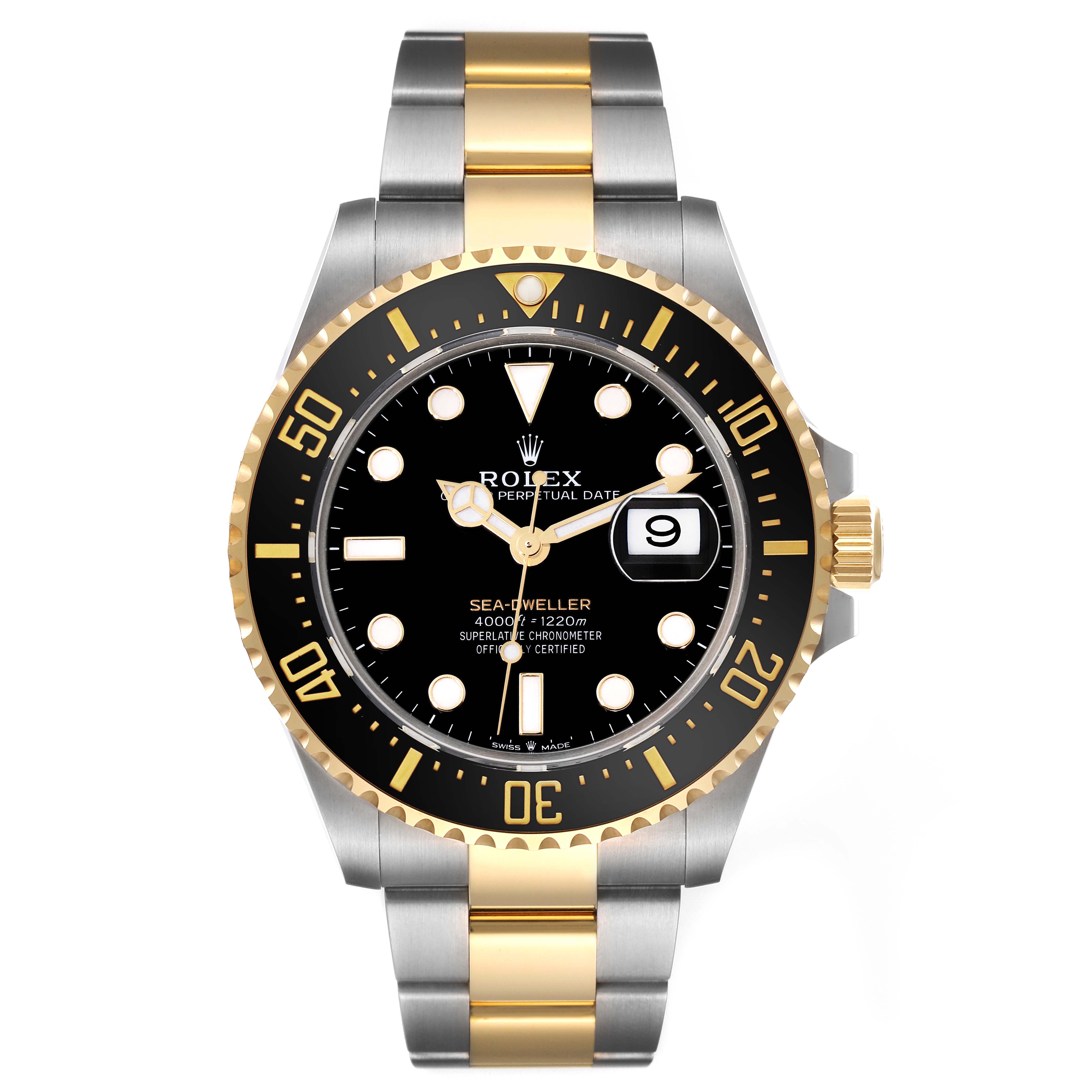 The image shows a front view of a Rolex Sea-Dweller 126603 Men's Steel and Gold (two tone) Black Dial 126603 Men's Steel and Gold (two tone) Black Dial watch with a black dial, gold and stainless steel bracelet, and a date display.