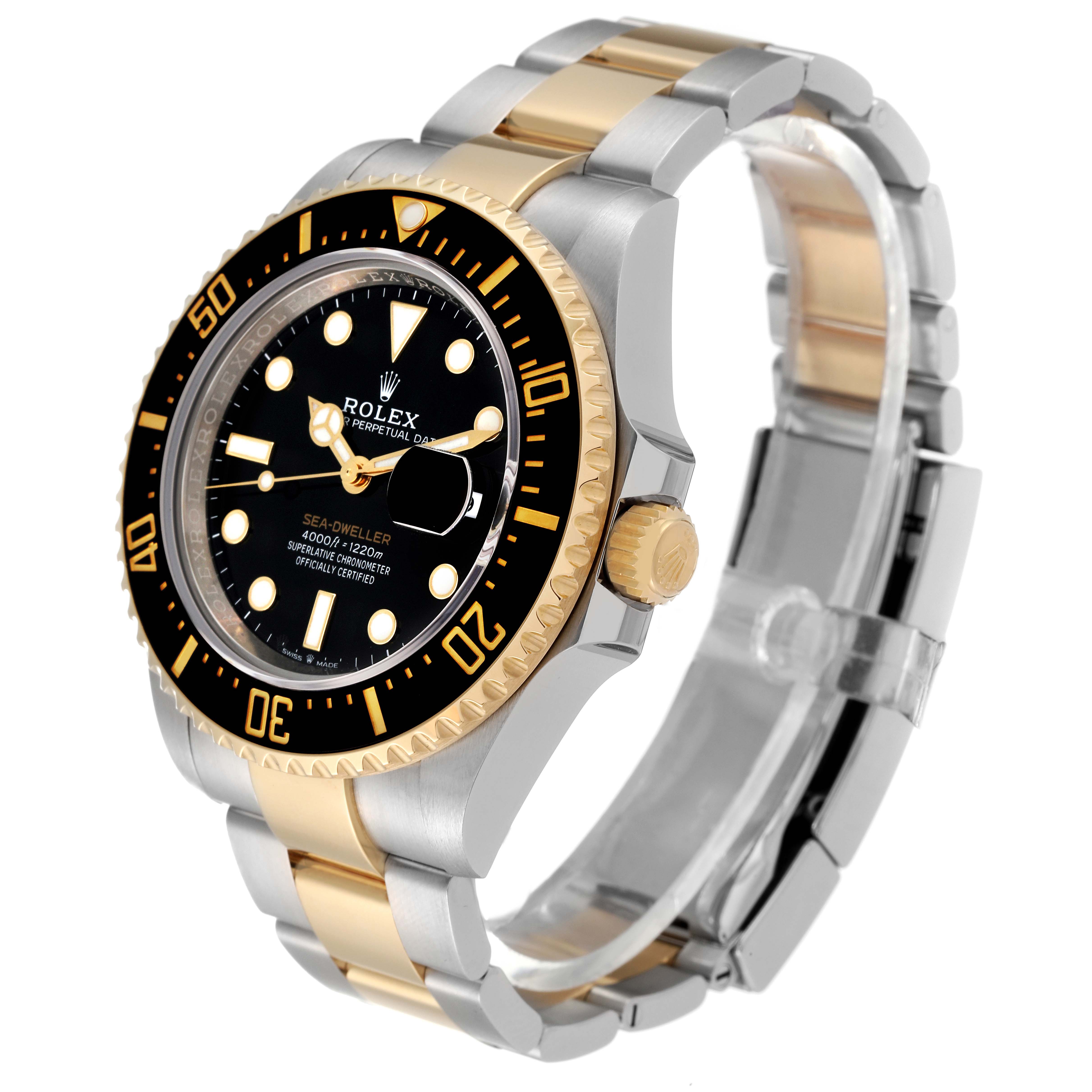 The Rolex Sea-Dweller 126603 Men's Steel and Gold (two tone) Black Dial 126603 Men's Steel and Gold (two tone) Black Dial watch is shown at an angle highlighting the dial, bezel, crown, and two-tone bracelet.