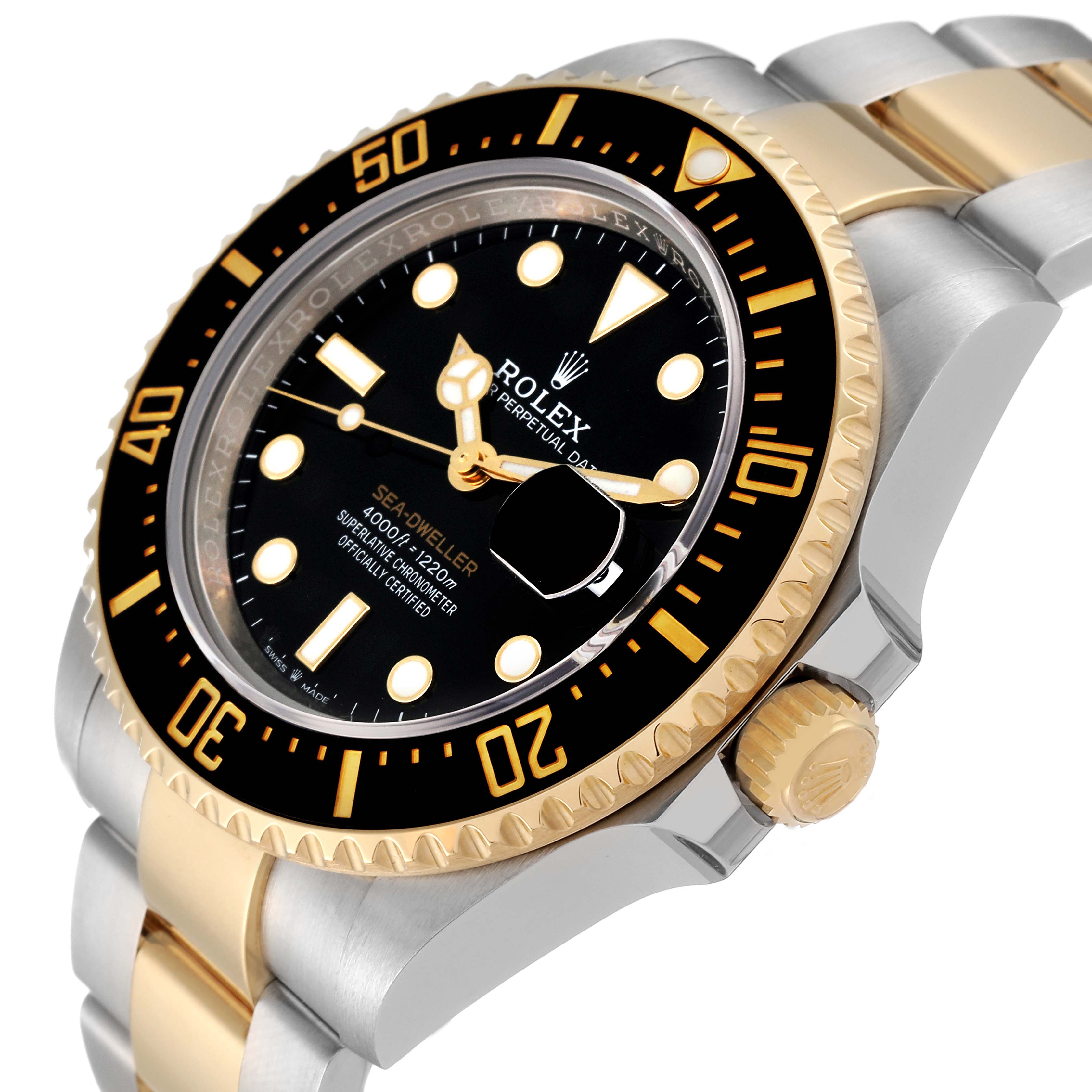 The image shows a close angle of the face and the side of the Rolex Sea-Dweller 126603 Men's Steel and Gold (two tone) Black Dial 126603 Men's Steel and Gold (two tone) Black Dial watch, highlighting the bezel and crown.