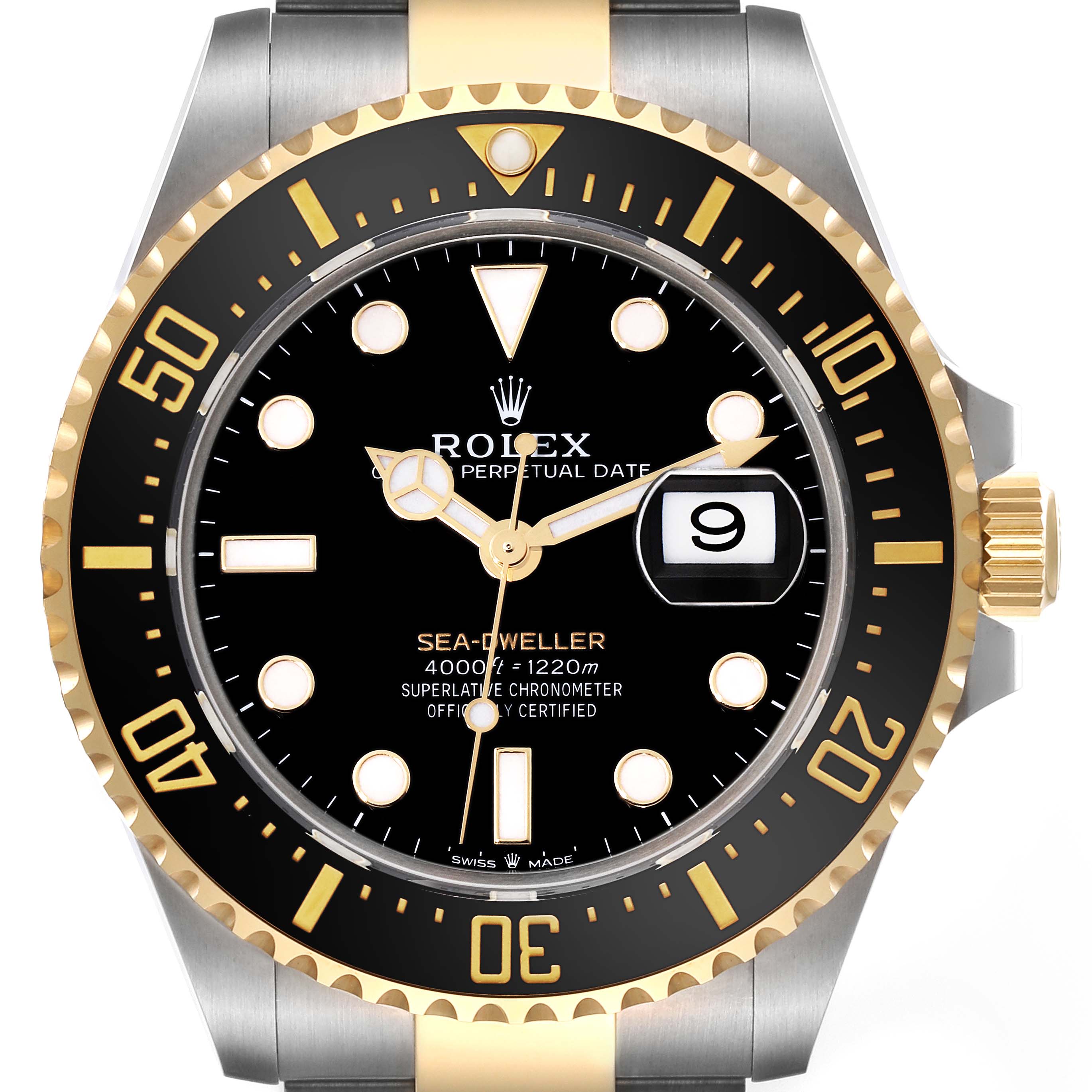 The image shows a front view of the Rolex Sea-Dweller 126603 Men's Steel and Gold (two tone) Black Dial 126603 Men's Steel and Gold (two tone) Black Dial watch, highlighting the dial, bezel, and part of the bracelet.