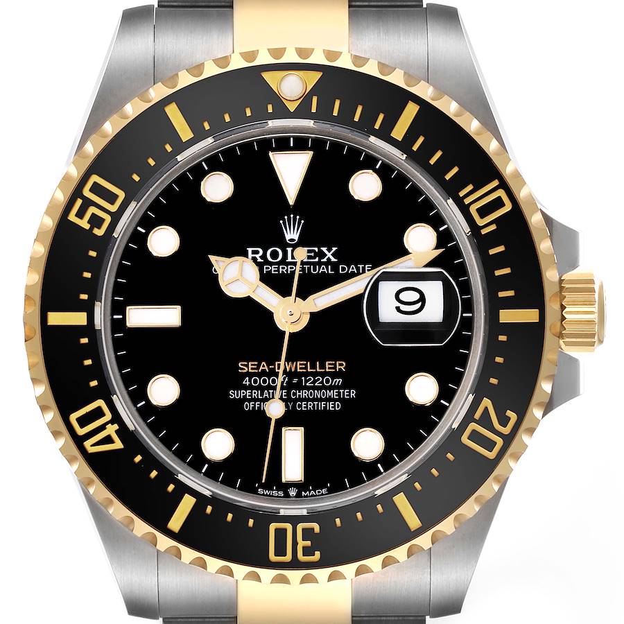 The image shows a front view of the Rolex Sea-Dweller 126603 Men's Steel and Gold (two tone) Black Dial 126603 Men's Steel and Gold (two tone) Black Dial watch, highlighting the dial, bezel, and part of the bracelet.