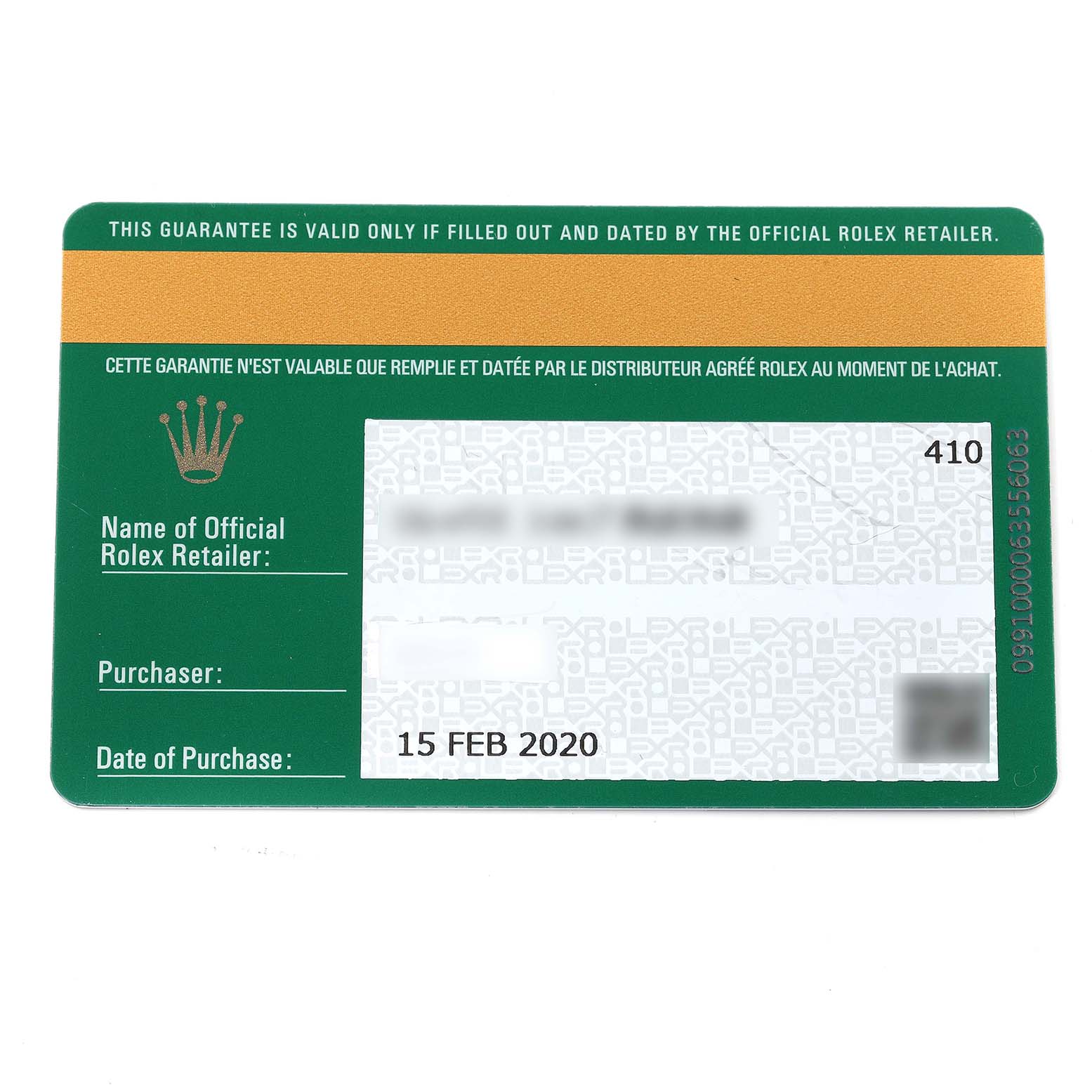 This image shows the front of a Rolex Sea-Dweller 126603 Men's Steel and Gold (two tone) Black Dial 126603 Men's Steel and Gold (two tone) Black Dial model warranty card, including purchase and retailer details.