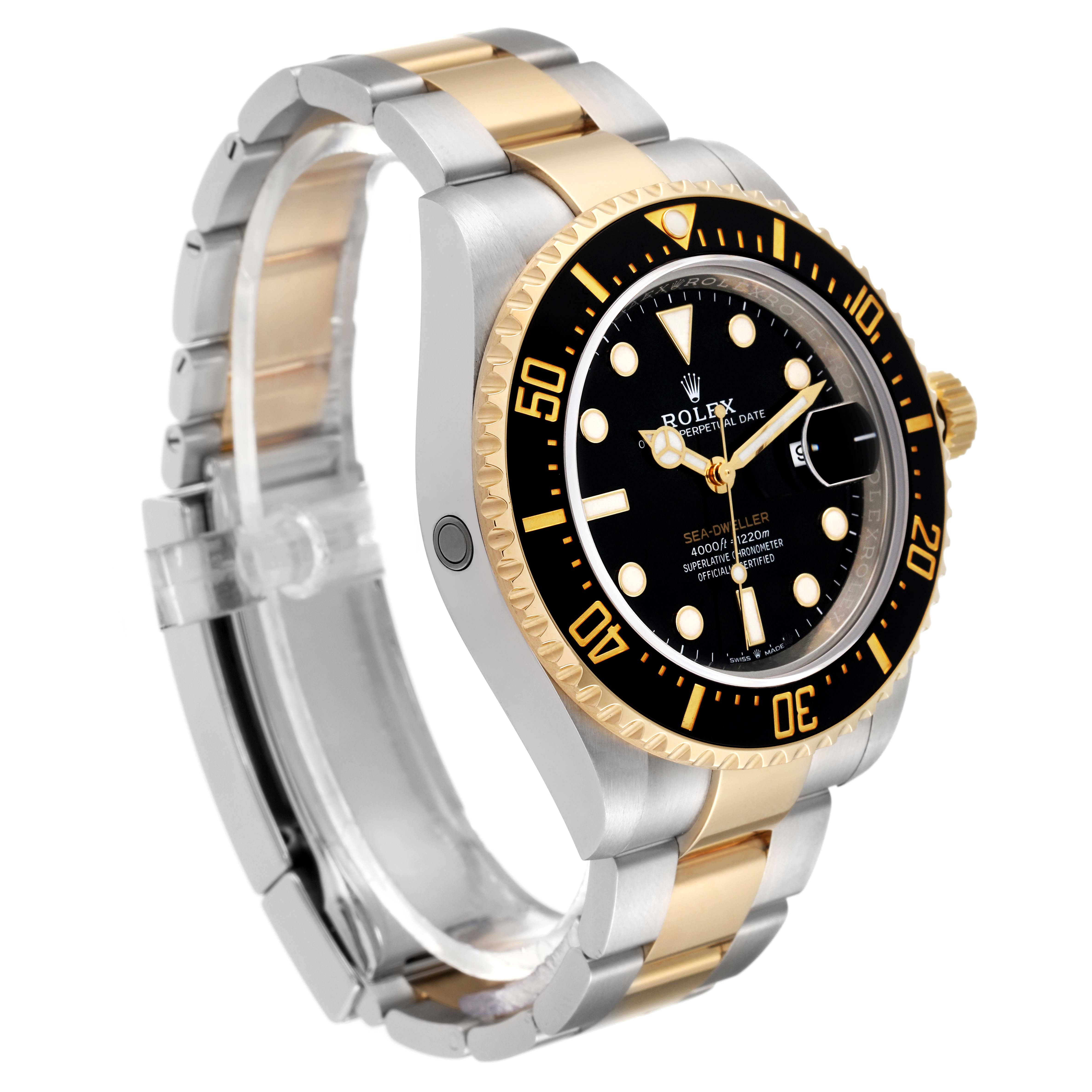 The image shows a Rolex Sea-Dweller 126603 Men's Steel and Gold (two tone) Black Dial 126603 Men's Steel and Gold (two tone) Black Dial watch at a slight angle, highlighting its black and gold bezel, dial, and two-tone bracelet.