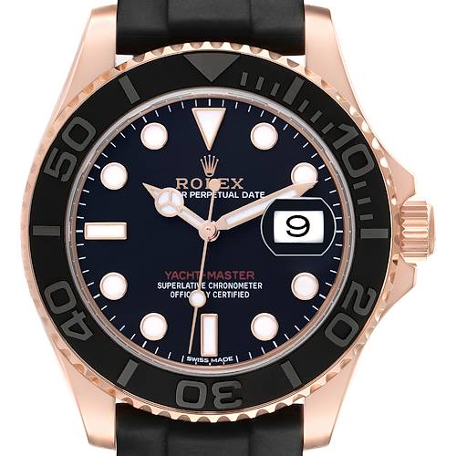 The Rolex Yacht-Master 116655 Men's Rose Gold Black Dial watch is shown from the front, displaying the face, bezel, crown, and part of the strap.