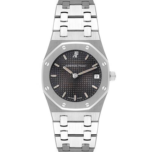 This image shows a front view of the Audemars Piguet Royal Oak Women's Stainless Steel Black Dial Women's Stainless Steel Black Dial watch, featuring its dial, bezel, and bracelet.