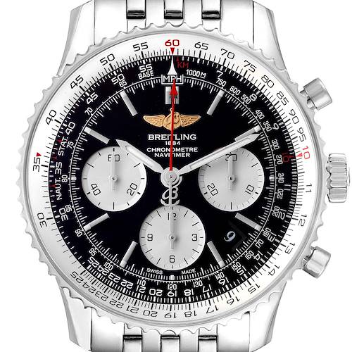 The image shows a frontal view of the Breitling Navitimer AB0120 Men's Stainless Steel Black Dial AB0120 Men's Stainless Steel Black Dial watch, highlighting its dials and tachymeter bezel.