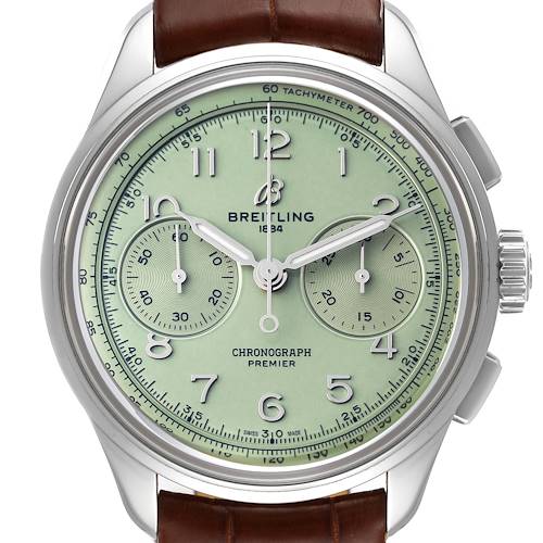 The image shows a front view of the Breitling Premier AB0930 Men's Stainless Steel Green Dial AB0930 Men's Stainless Steel Green Dial model watch, highlighting its dial, chronograph subdials, case, and a portion of the brown leather strap.