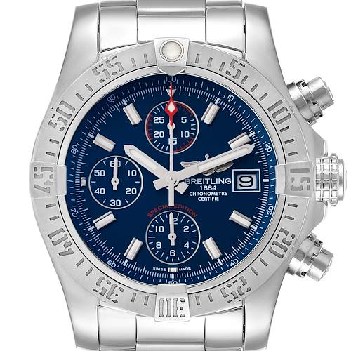 The image shows a front view of the Breitling Avenger A13381 Men's Stainless Steel Blue Dial A13381 Men's Stainless Steel Blue Dial watch, highlighting its dial, bezel, and chronograph subdials.