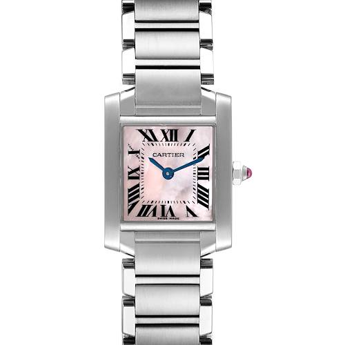 This is a frontal view of the Cartier Tank Française watch, showing the face, bracelet, and the crown with a gem.