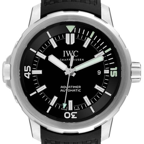 The IWC Aquatimer IW329001 Men's Stainless Steel Black Dial IW329001 Men's Stainless Steel Black Dial watch is shown from a front angle displaying the dial, hands, bezel, and part of the crown.