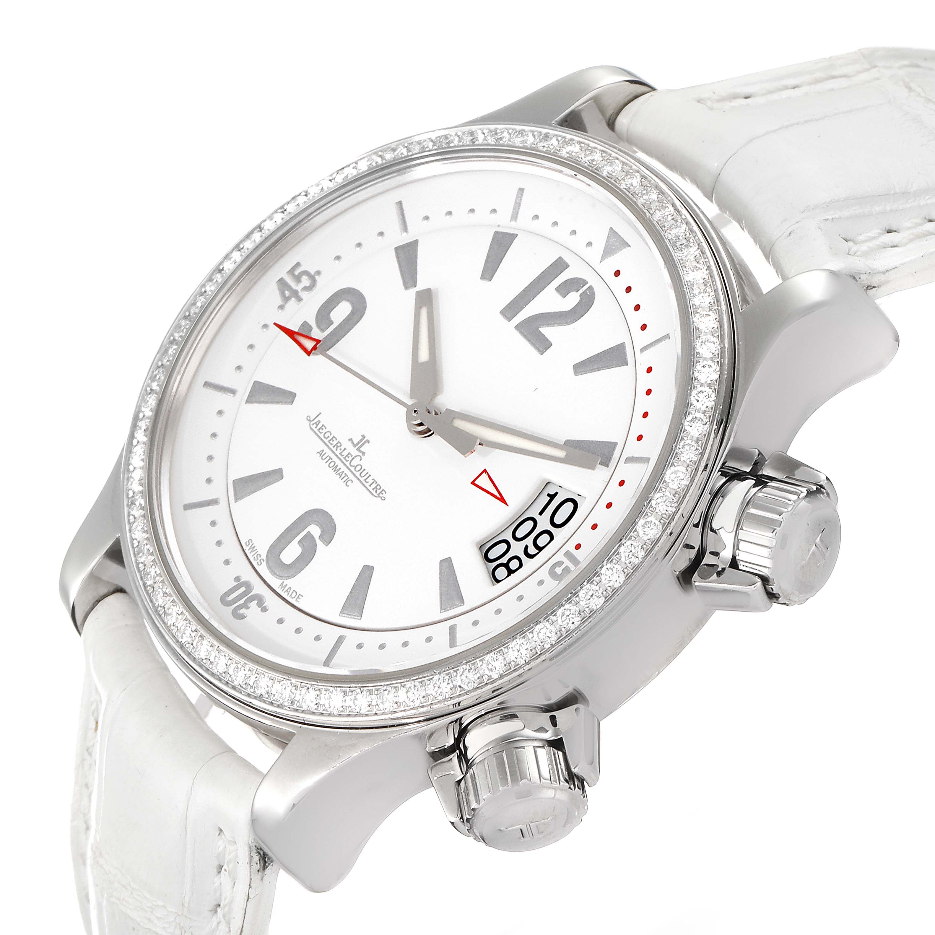 This image shows a Jaeger LeCoultre Master 148.8.60 Women's Stainless Steel White Dial 148.8.60 Women's Stainless Steel White Dial model watch from an angled front view, highlighting the dial, bezel, and crown.