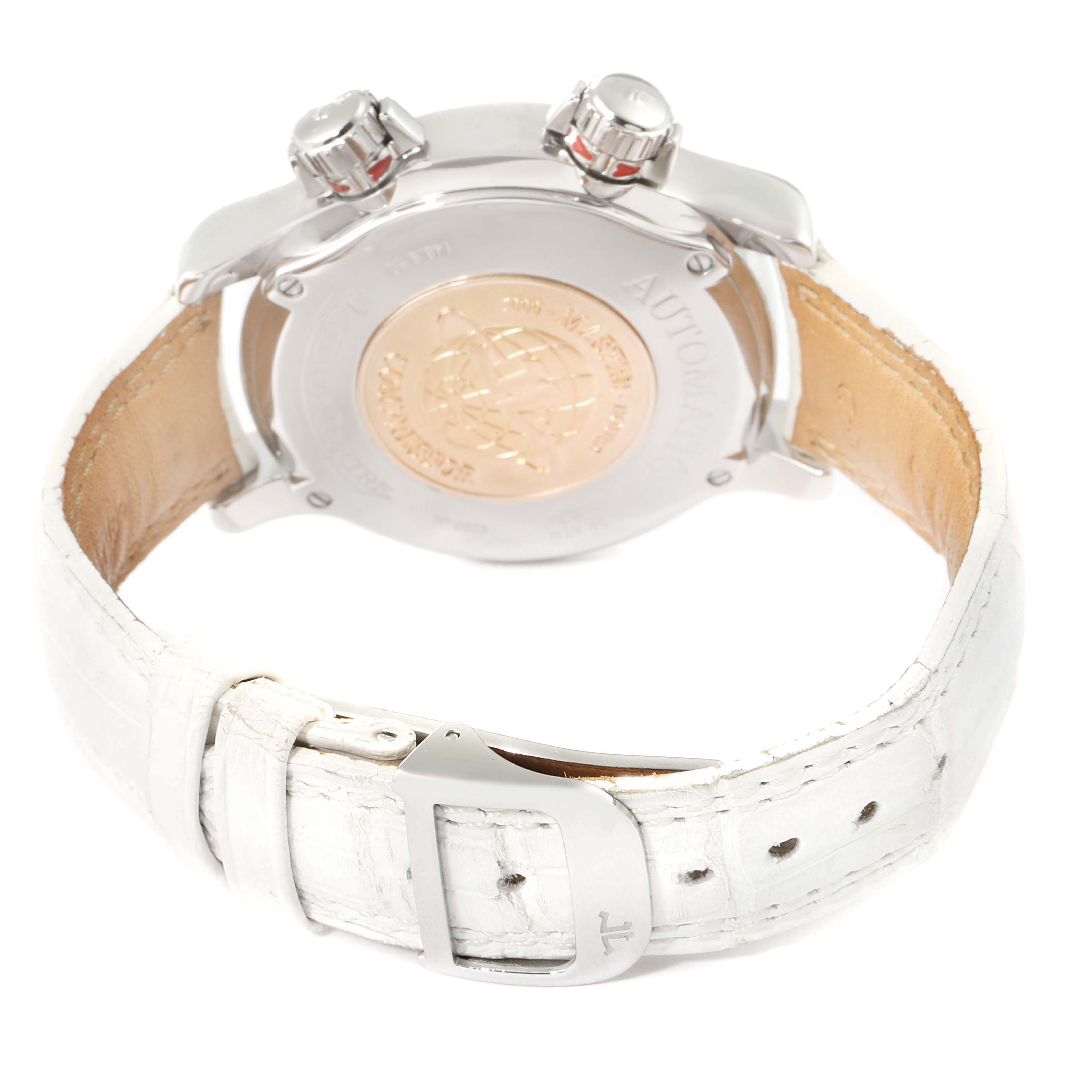 This image shows the back view of the Jaeger LeCoultre Master 148.8.60 Women's Stainless Steel White Dial 148.8.60 Women's Stainless Steel White Dial watch, highlighting its case back and white leather strap.