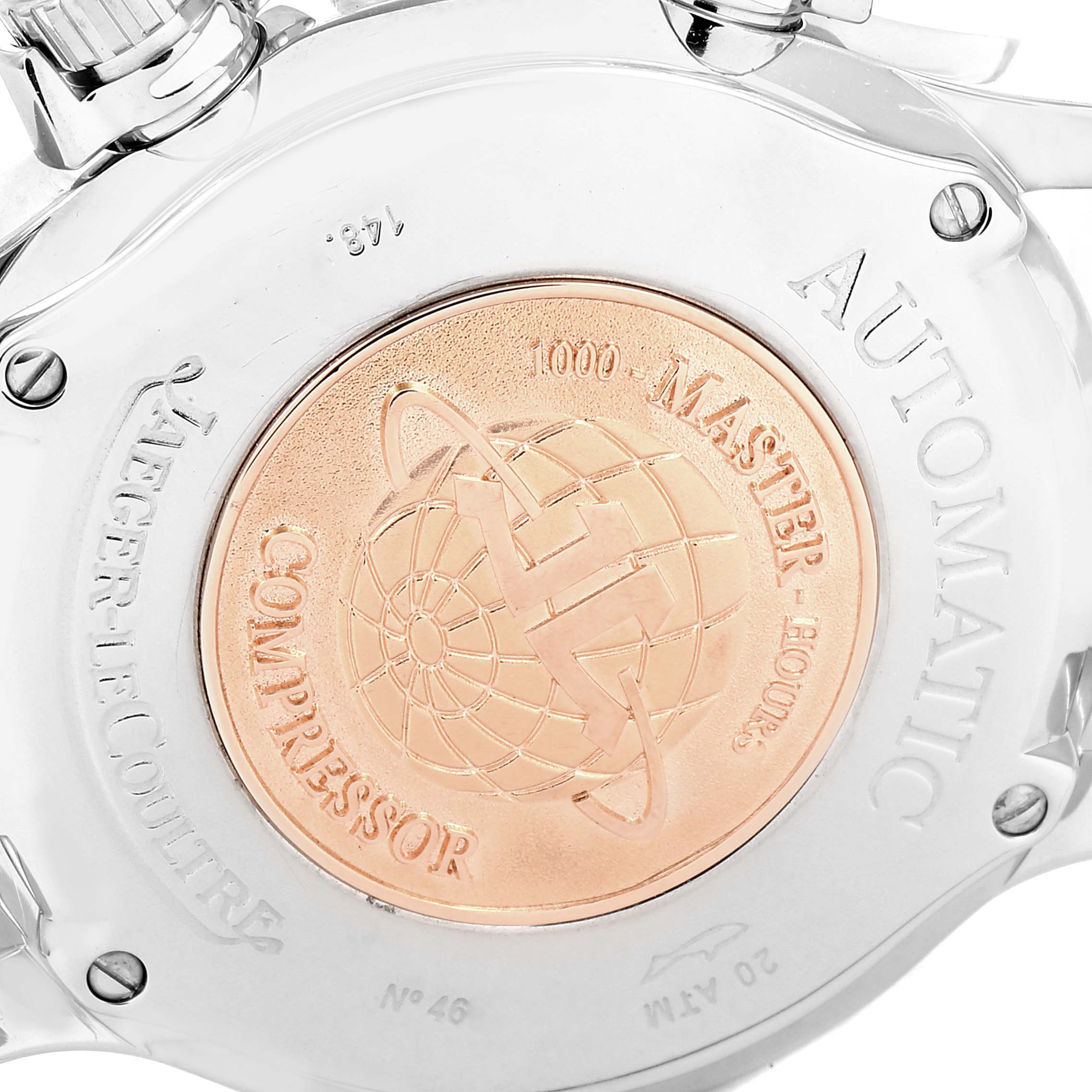 The image shows the back of a Jaeger LeCoultre Master 148.8.60 Women's Stainless Steel White Dial 148.8.60 Women's Stainless Steel White Dial Compressor watch, highlighting the engravings and logo on the case back.