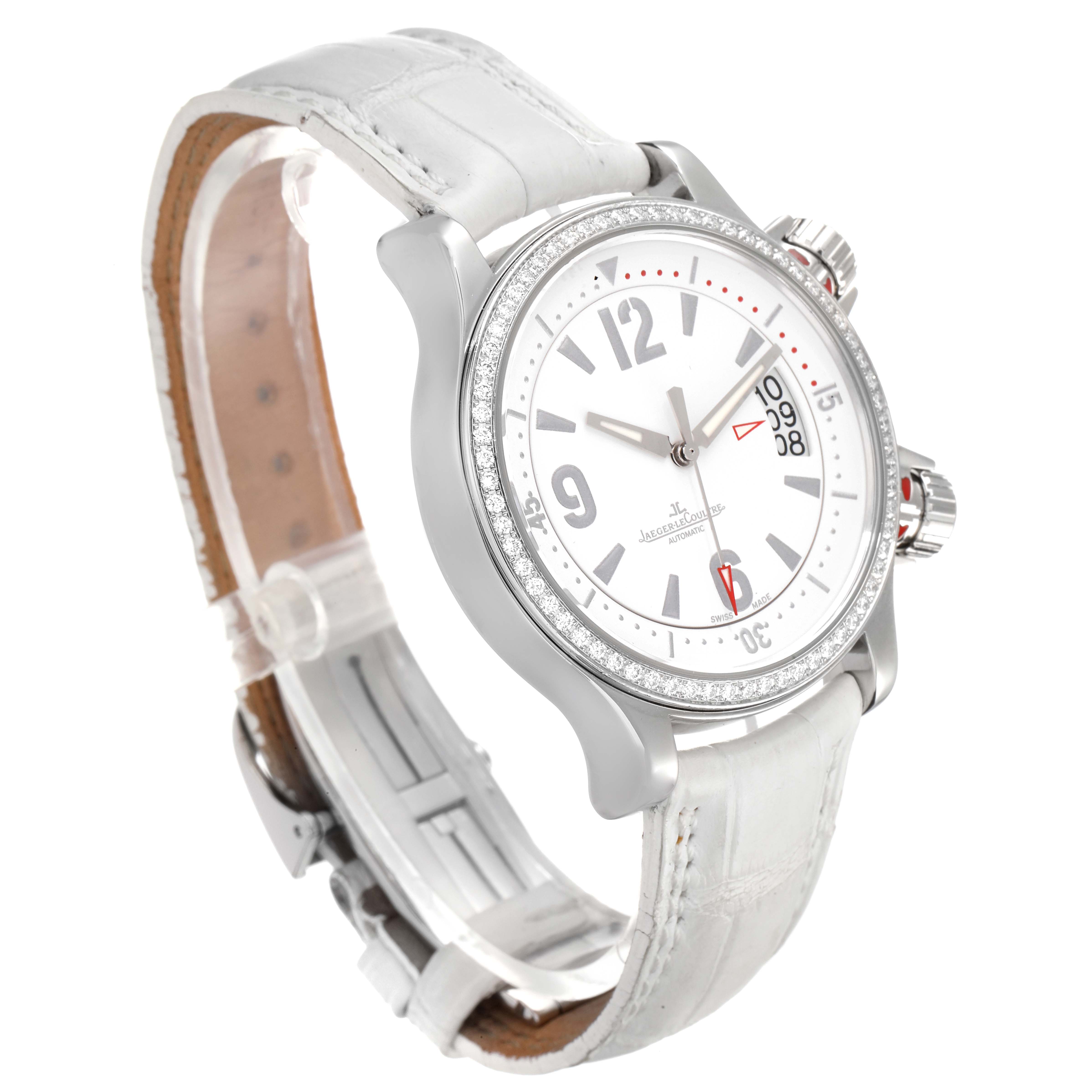 The Jaeger LeCoultre Master 148.8.60 Women's Stainless Steel White Dial 148.8.60 Women's Stainless Steel White Dial model watch is shown at a slight angle, displaying its face, bezel, crown, and white leather strap.