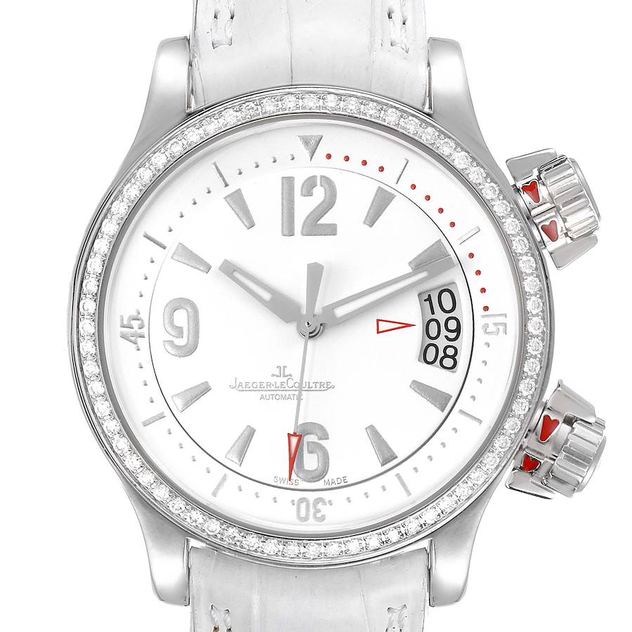 This image shows a frontal view of the dial and bezels of the Jaeger-LeCoultre Master model watch.