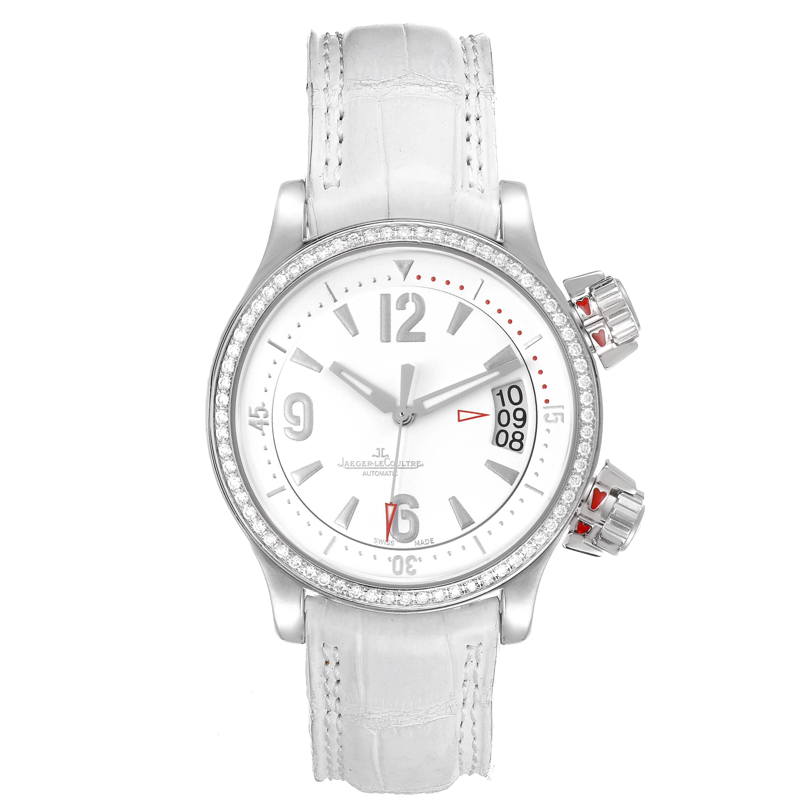 The image shows a front angle of the Jaeger LeCoultre Master 148.8.60 Women's Stainless Steel White Dial 148.8.60 Women's Stainless Steel White Dial model watch, highlighting its face and white leather strap.