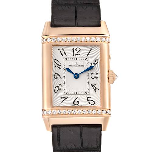 This image shows a front view of the Jaeger LeCoultre Reverso Q2692420 Women's Rose Gold Silver Dial Q2692420 Women's Rose Gold Silver Dial watch with a rose gold case, diamond bezel, and black leather strap.