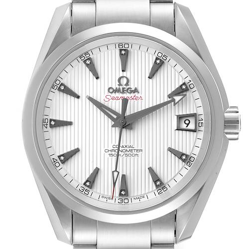 The image shows a front view of the Omega Aqua Terra 231.10.39.21.54.001 Men's Stainless Steel White Dial 231.10.39.21.54.001 Men's Stainless Steel White Dial watch, highlighting its dial, hands, date window, and part of the bracelet.