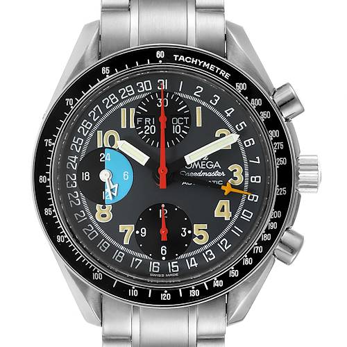 This image shows a front view of the Omega Speedmaster 3520.53.00 Men's Stainless Steel Grey Dial 3520.53.00 Men's Stainless Steel Grey Dial watch, displaying the dial, subdials, hands, and part of the bracelet.