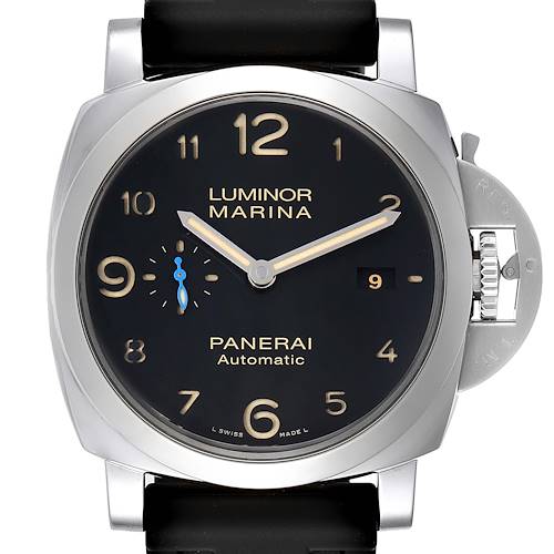 The image shows a front view of a Panerai Luminor PAM01359 Men's Stainless Steel Black Dial PAM01359 Men's Stainless Steel Black Dial Marina watch, highlighting the dial, hands, date window, and crown guard.