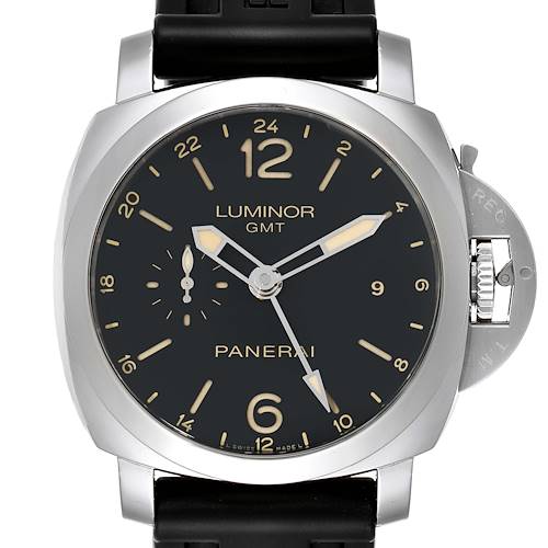 This image shows a front view of the Luminor GMT watch by Panerai, highlighting its dial, hands, and case.