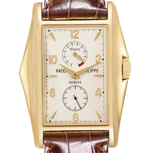The image shows a front view of the Patek Philippe Gondolo 5100J -001 Men's Yellow Gold Silver Dial 5100J -001 Men's Yellow Gold Silver Dial watch, displaying its face and leather strap.