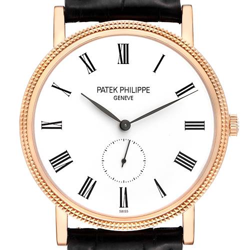 The image shows a front view of the Patek Philippe Calatrava 5119R Men's Rose Gold White Dial 5119R Men's Rose Gold White Dial watch with a white dial and black Roman numerals.