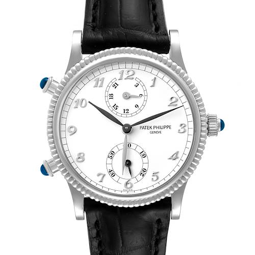 The image shows a frontal view of a Patek Philippe Calatrava 4864G Women's White Gold White Dial 4864G Women's White Gold White Dial watch, displaying its face, hour markers, hands, and leather strap.