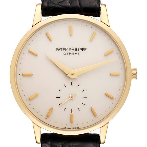 The image shows a front view of a Patek Philippe Calatrava 3893/1 Men's Yellow Gold White Dial 3893/1 Men's Yellow Gold White Dial watch, displaying the face, hands, indices, case, and part of the strap.