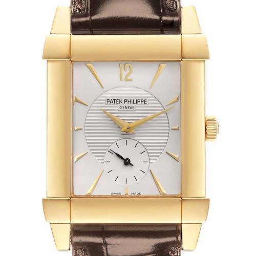 The image shows a front view of a Patek Philippe Gondolo 5111J Men's Yellow Gold Silver Dial 5111J Men's Yellow Gold Silver Dial watch, highlighting the dial, hands, case, and part of the leather strap.