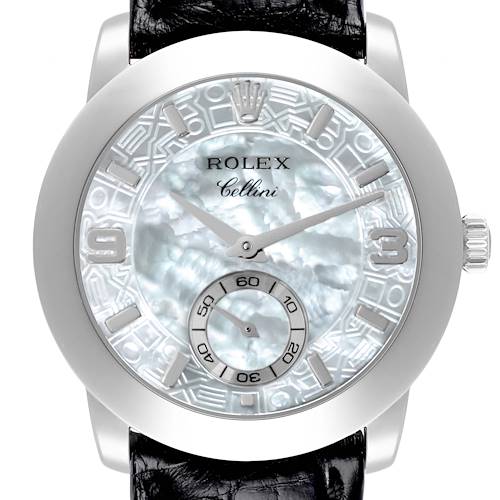 The image shows a Rolex Cellini 5240 Men's White Gold Mother of Pearl Dial 5240 Men's White Gold Mother of Pearl Dial watch from a front angle, featuring the dial, hands, crown, and strap.