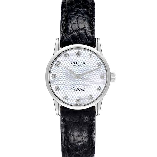 The Rolex Cellini 6111 Women's White Gold Mother of Pearl Dial 6111 Women's White Gold Mother of Pearl Dial watch is shown from a front angle, featuring its dial, case, and leather strap.