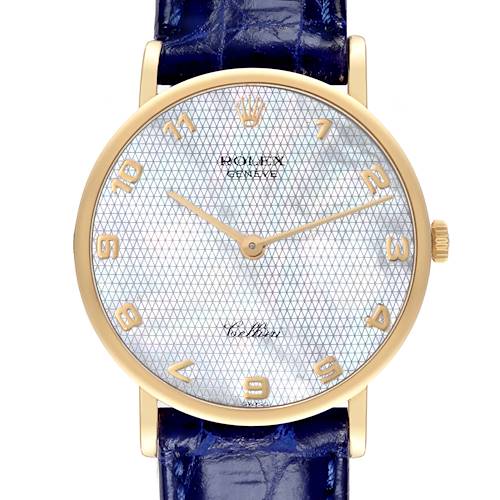 The image shows a front view of a Rolex Cellini 5112 Men's Yellow Gold Mother of Pearl Dial 5112 Men's Yellow Gold Mother of Pearl Dial watch, highlighting its face, dial, and blue leather strap.