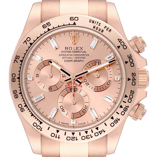 The image shows a frontal view of a Rolex Daytona 116505 Men's Rose Gold Pink Dial 116505 Men's Rose Gold Pink Dial watch, highlighting its dial, subdials, and bezel.