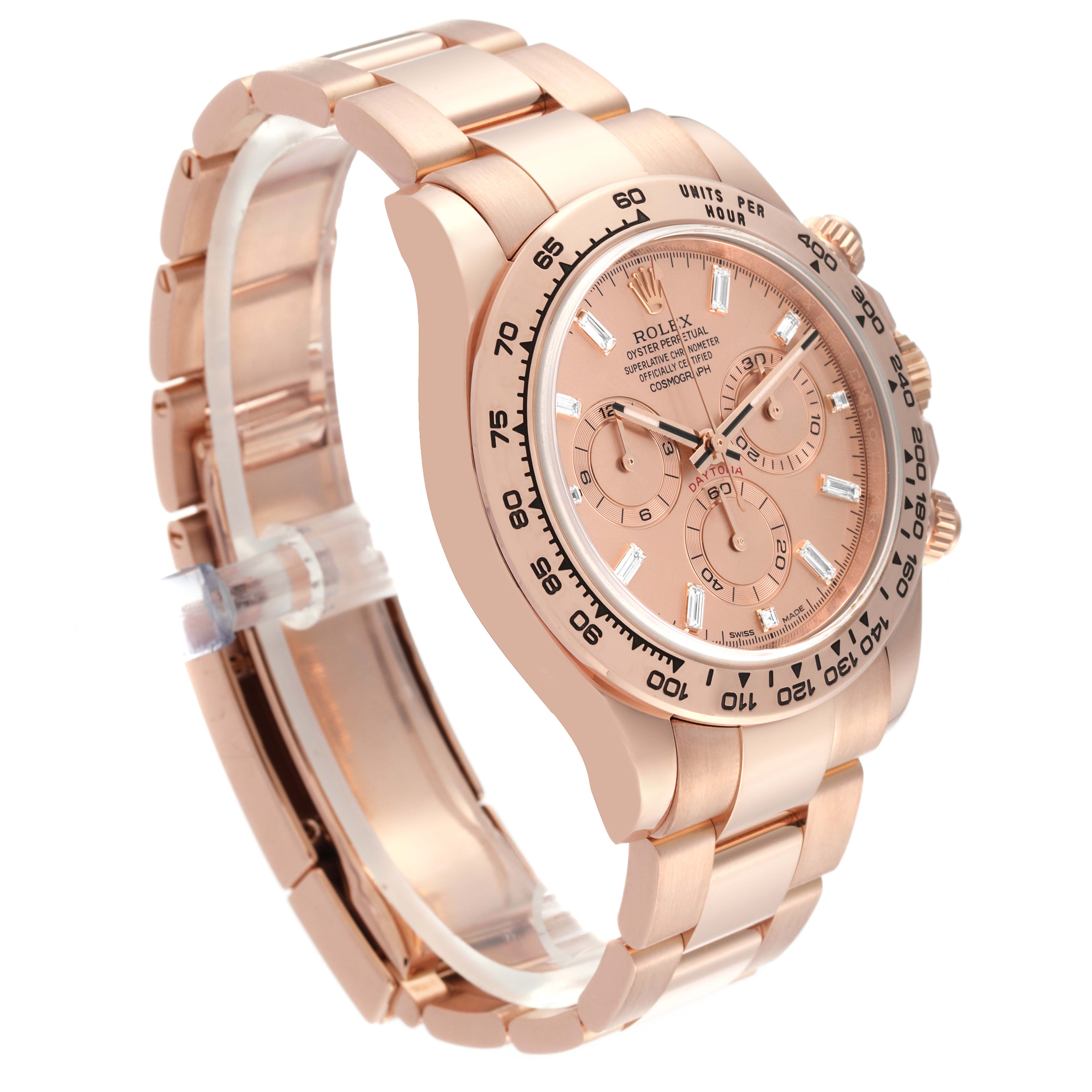 This image displays a Rolex Daytona 116505 Men's Rose Gold Pink Dial 116505 Men's Rose Gold Pink Dial watch at a slight left-side angle, showing the face, band, and pushers clearly.