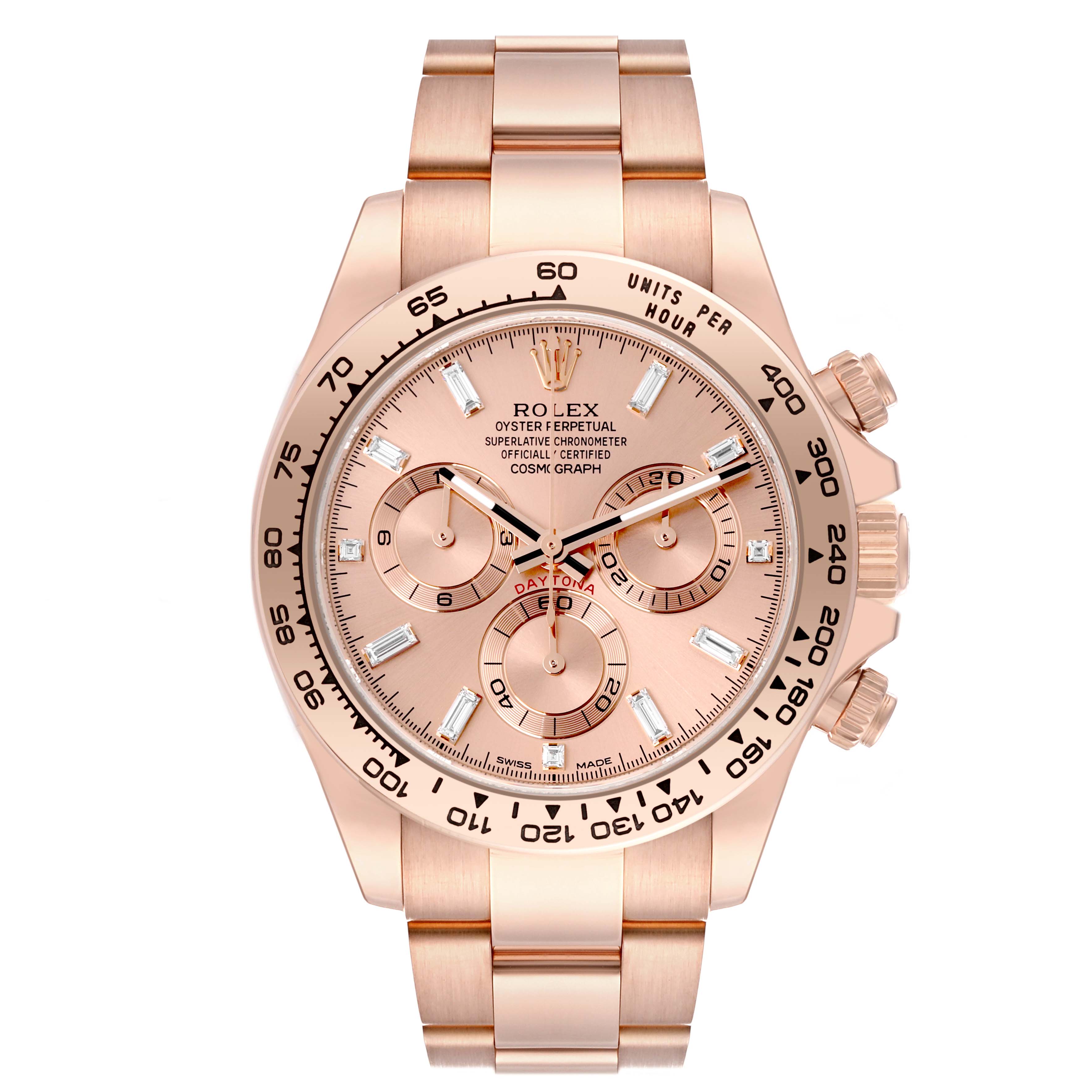 The Rolex Daytona 116505 Men's Rose Gold Pink Dial 116505 Men's Rose Gold Pink Dial model watch is shown from a front angle, highlighting its dial, bezel, and bracelet.