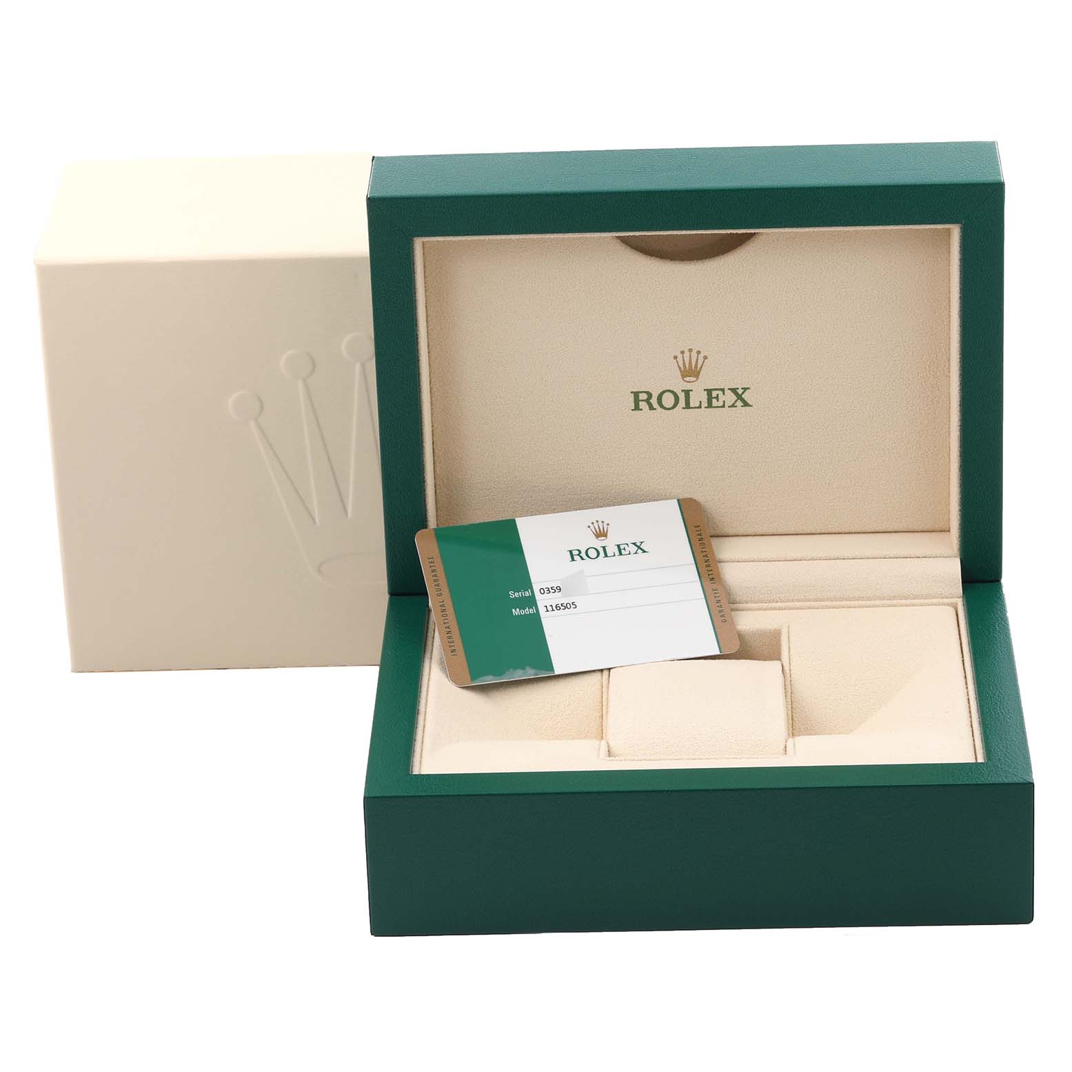 The image shows the interior of the Rolex Daytona 116505 Men's Rose Gold Pink Dial 116505 Men's Rose Gold Pink Dial watch box, including a warranty card within a green and beige case.