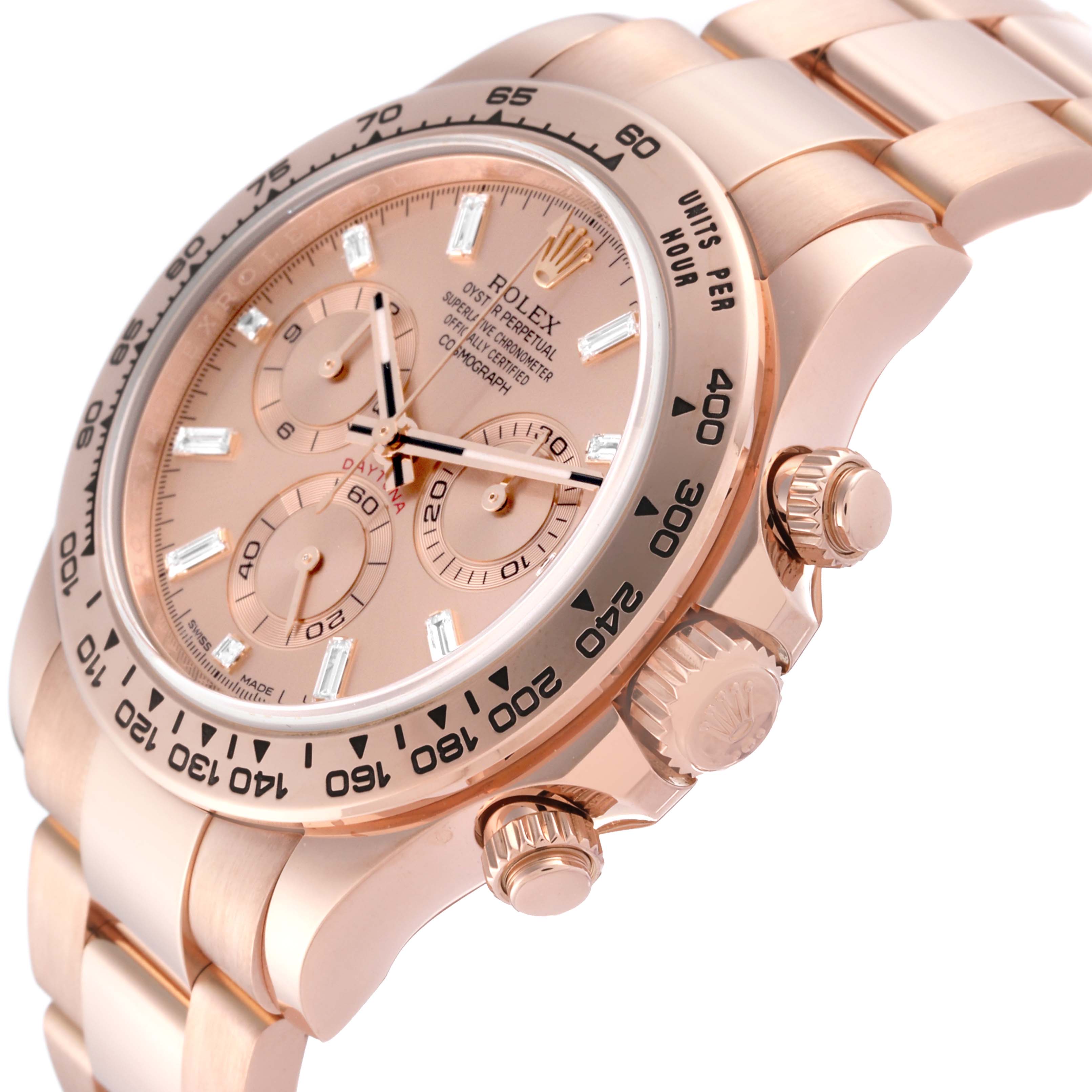 The image shows a close-up side angle of a Rolex Daytona 116505 Men's Rose Gold Pink Dial 116505 Men's Rose Gold Pink Dial watch, highlighting the dial, bezel, crown, and bracelet.