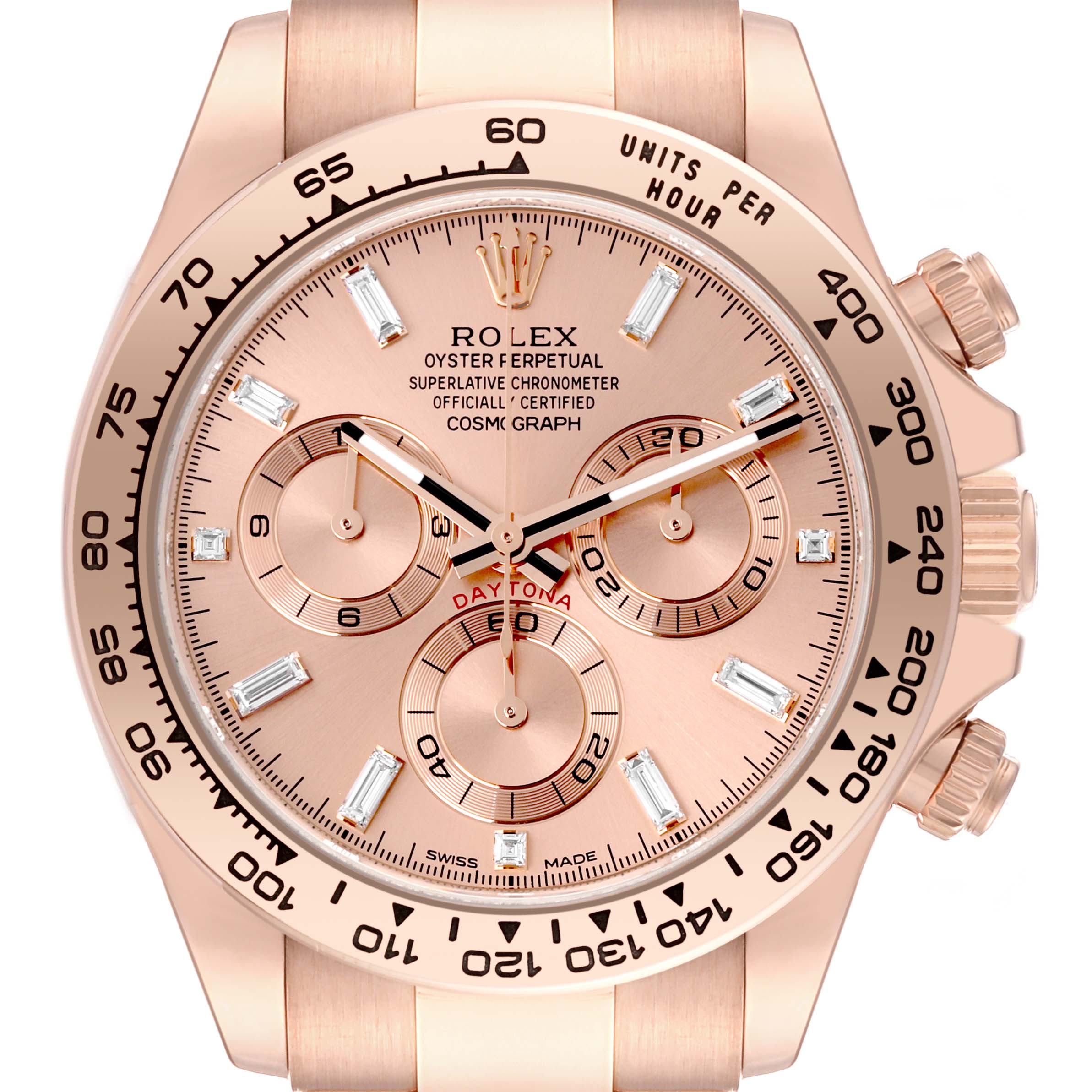 This image shows a front view of the Rolex Daytona 116505 Men's Rose Gold Pink Dial 116505 Men's Rose Gold Pink Dial watch, featuring the face, bezel, and chronograph dials.