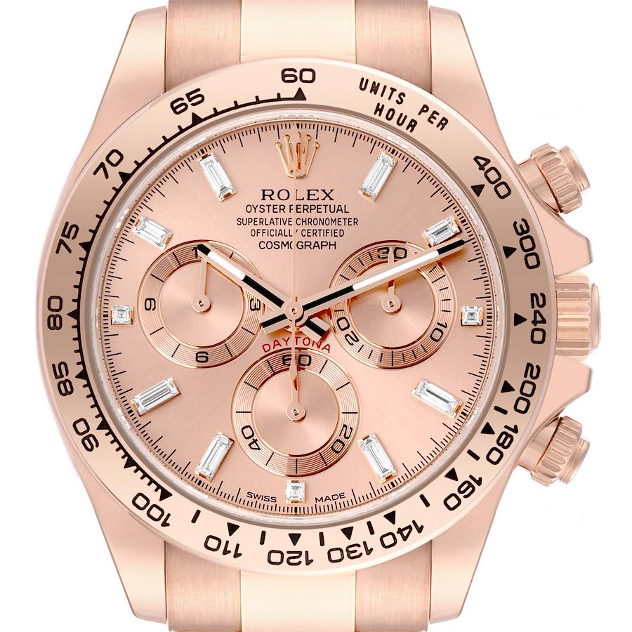 This image shows a front view of the Rolex Daytona 116505 Men's Rose Gold Pink Dial 116505 Men's Rose Gold Pink Dial watch, featuring the face, bezel, and chronograph dials.