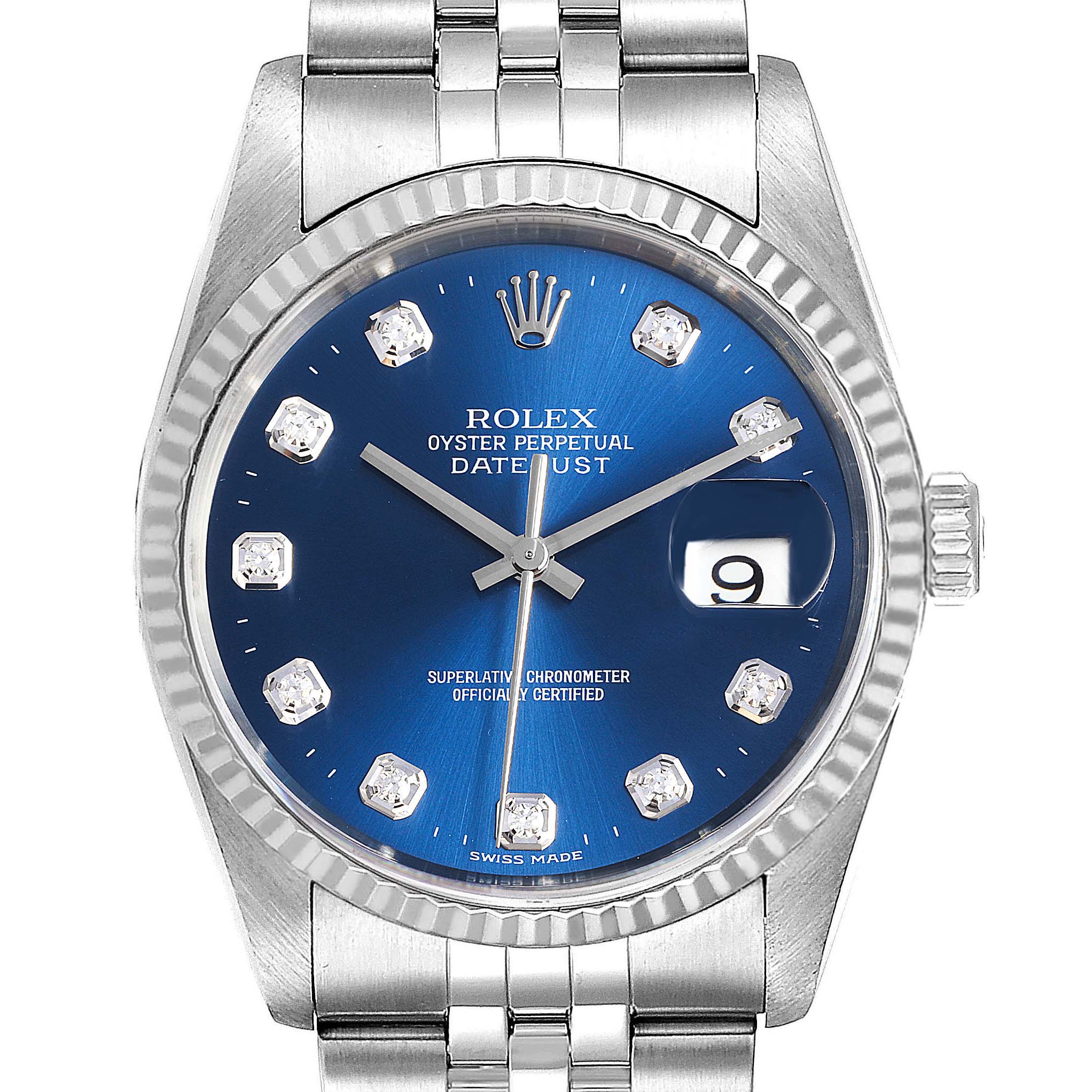 This image shows a frontal view of the Rolex Datejust 16234 Men's Stainless Steel Blue Dial 16234 Men's Stainless Steel Blue Dial watch with blue dial, diamond hour markers, and date display.