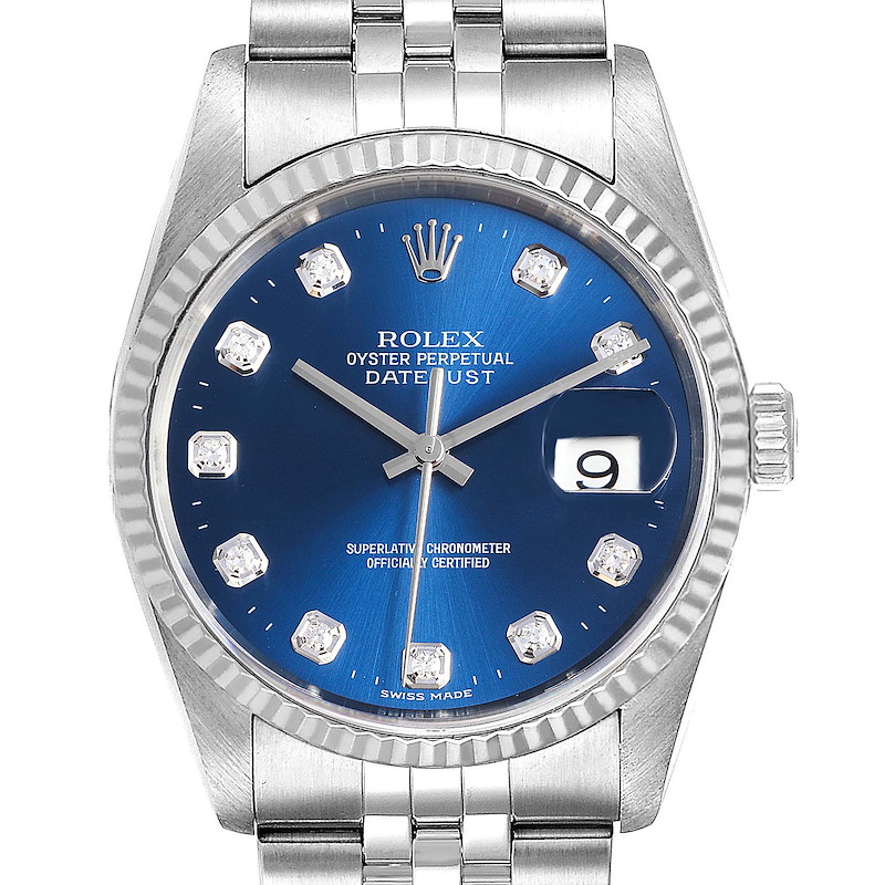 This image shows a frontal view of the Rolex Datejust 16234 Men's Stainless Steel Blue Dial 16234 Men's Stainless Steel Blue Dial watch with blue dial, diamond hour markers, and date display.