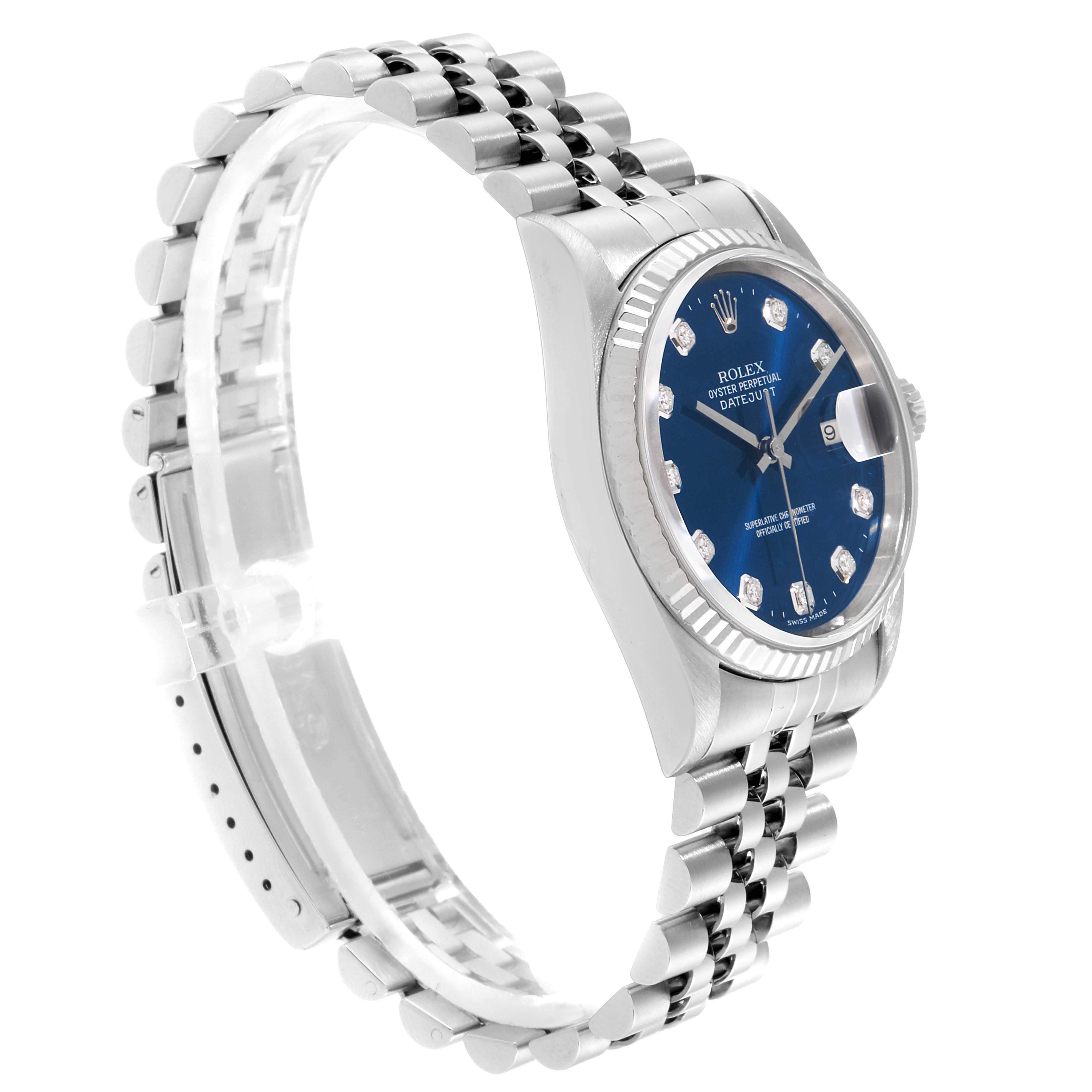 The image shows a Rolex Datejust 16234 Men's Stainless Steel Blue Dial 16234 Men's Stainless Steel Blue Dial watch at a slight angle, highlighting parts of the bracelet and the detailed watch face with date display.