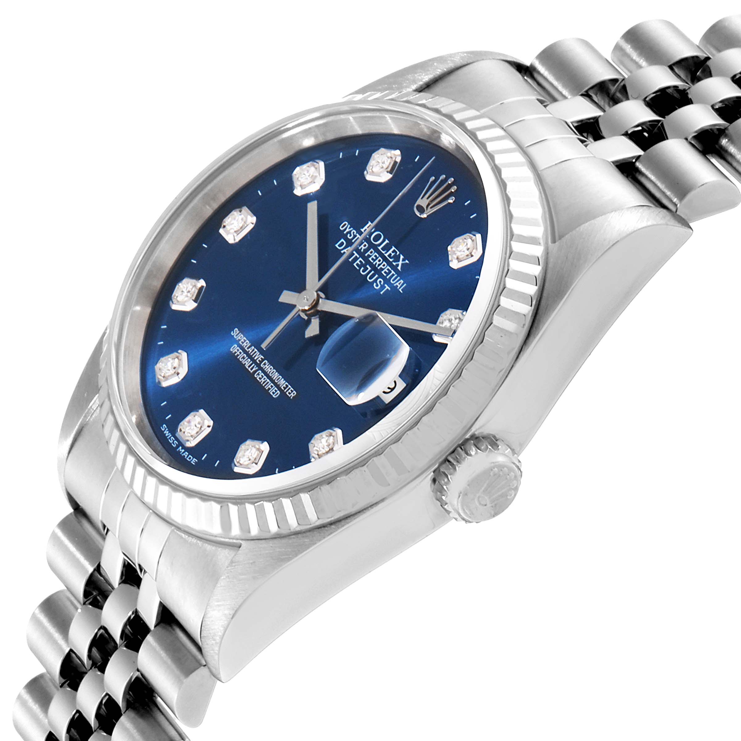 The image shows a Rolex Datejust 16234 Men's Stainless Steel Blue Dial 16234 Men's Stainless Steel Blue Dial watch at an angle highlighting its face, bezel, crown, and part of the bracelet.