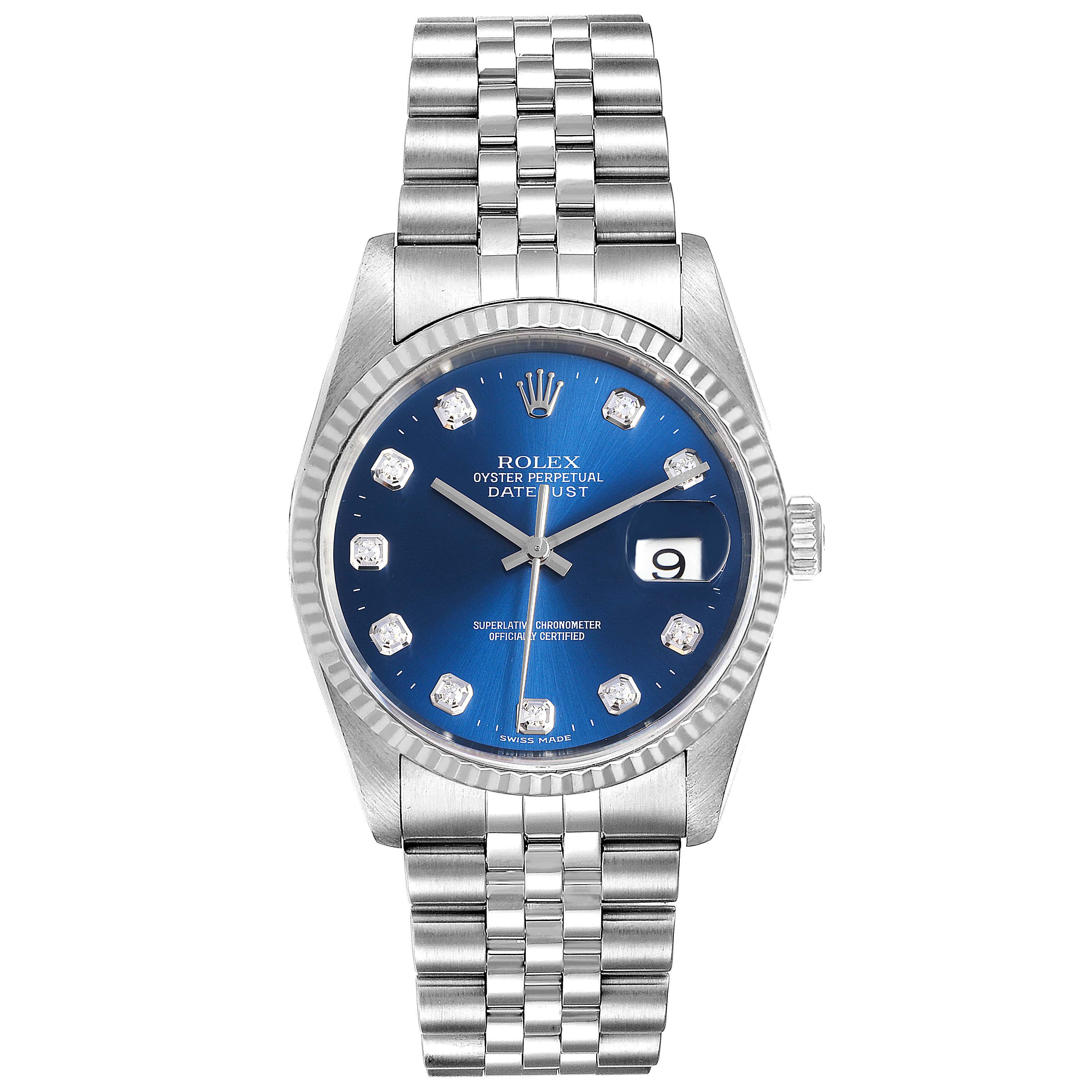 The Rolex Datejust 16234 Men's Stainless Steel Blue Dial 16234 Men's Stainless Steel Blue Dial is shown from a front angle, highlighting its blue dial, fluted bezel, jubilee bracelet, and date display.